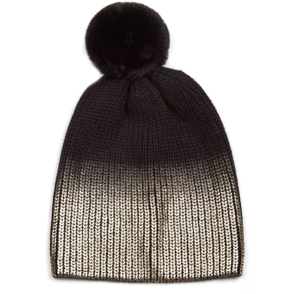 New JOCELYN Gold Black Knit Hat Faux Fur Pom